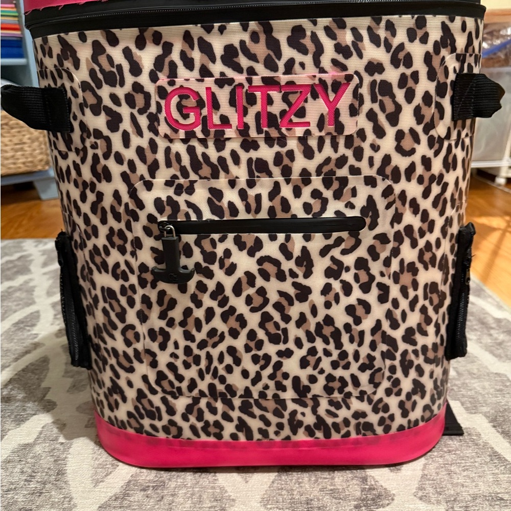 Glitzy Leopard Print Women's backpack cooler- Pink and Black